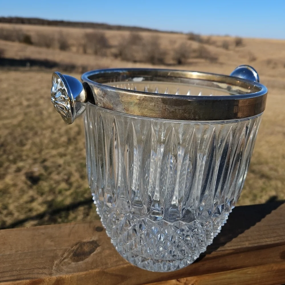 Vintage MCM 6LB Diamond Cut Glass Bar Ice Bucket w/Silver Plated Rim and Handles